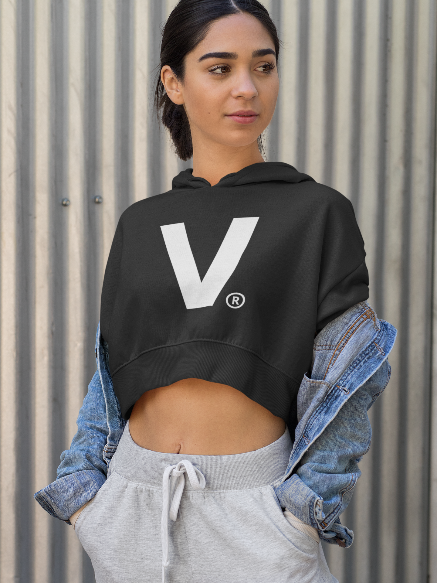 Varcity ® V Logo Ladies' Cropped Oversize Hooded Sweatshirt Black