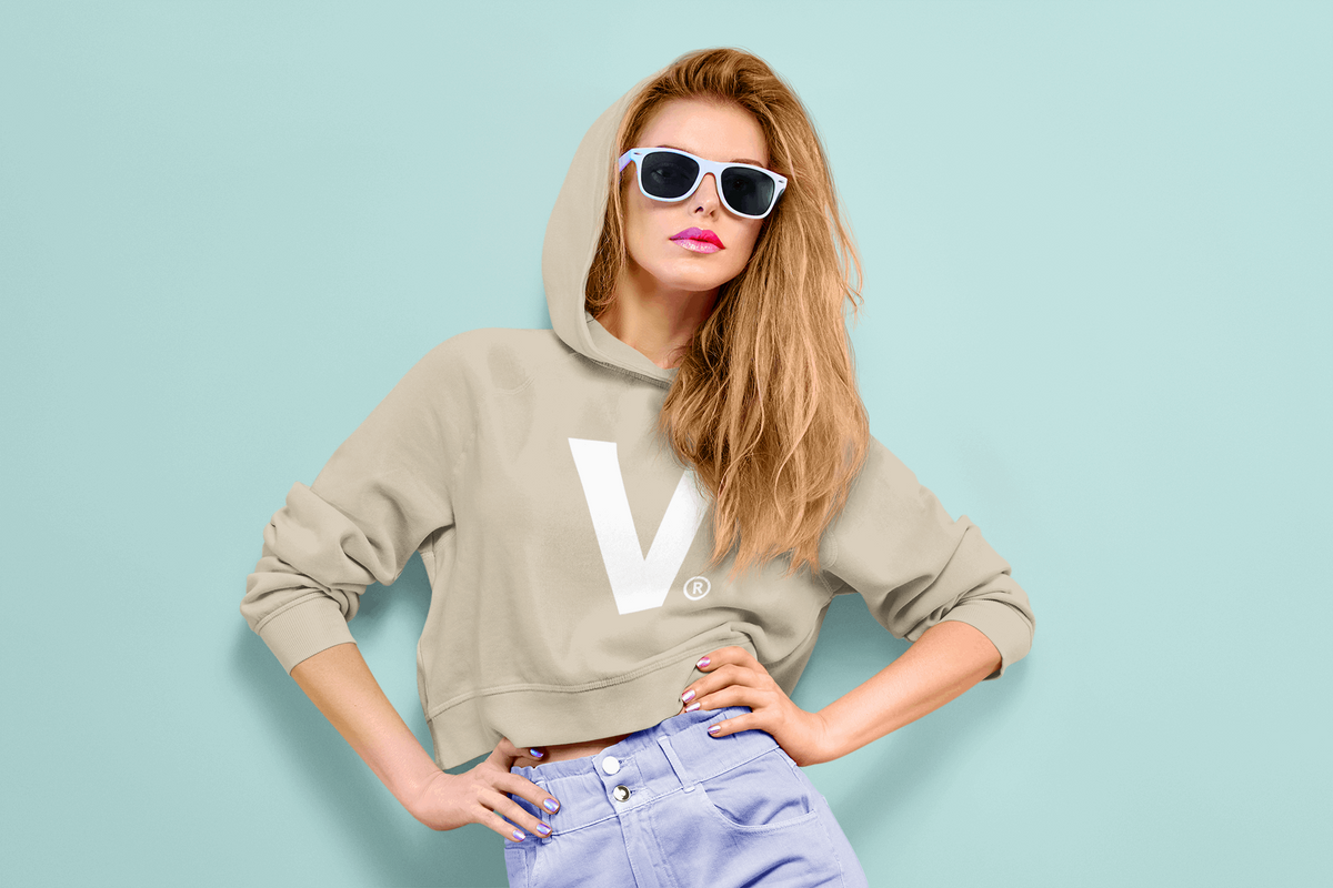 Varcity ® Iconic V Logo Ladies&#39; Cropped Oversize Hooded Sweatshirt Nude