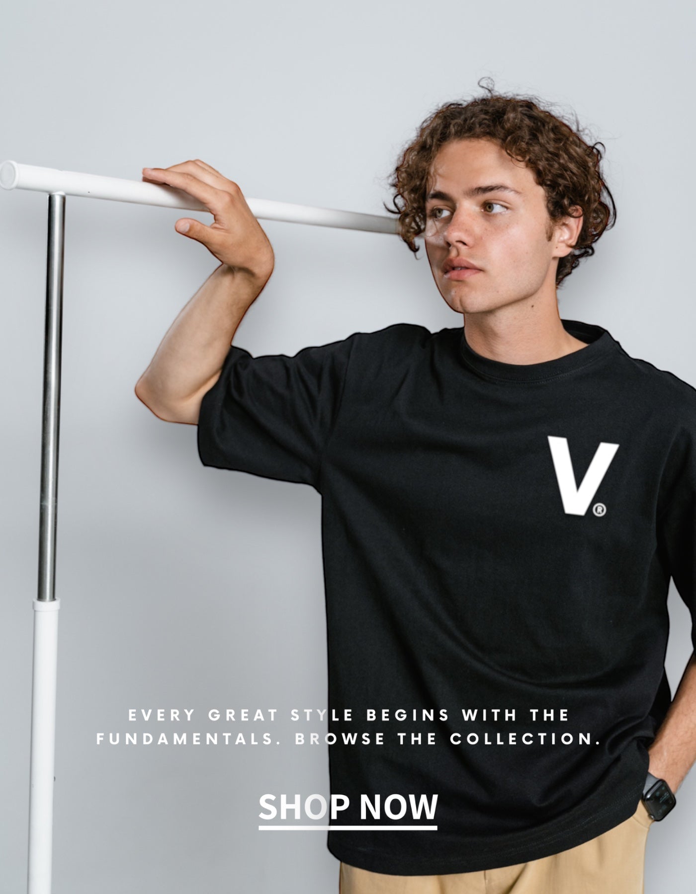 Pictured model wearing Iconic V T Shirt in black