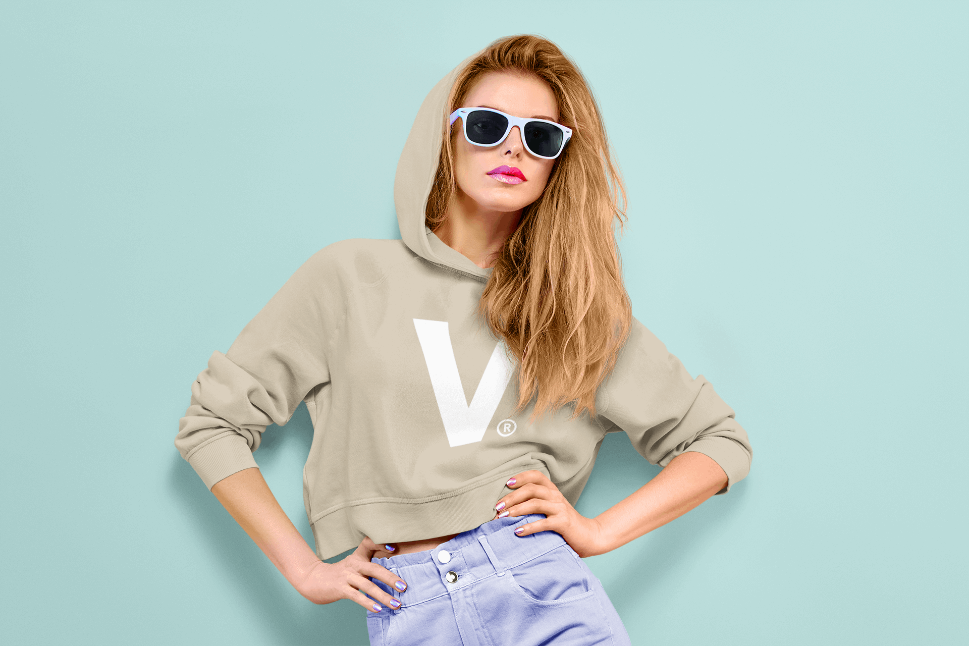 Varcity ® Iconic V Logo Ladies' Cropped Oversize Hooded Sweatshirt Nude