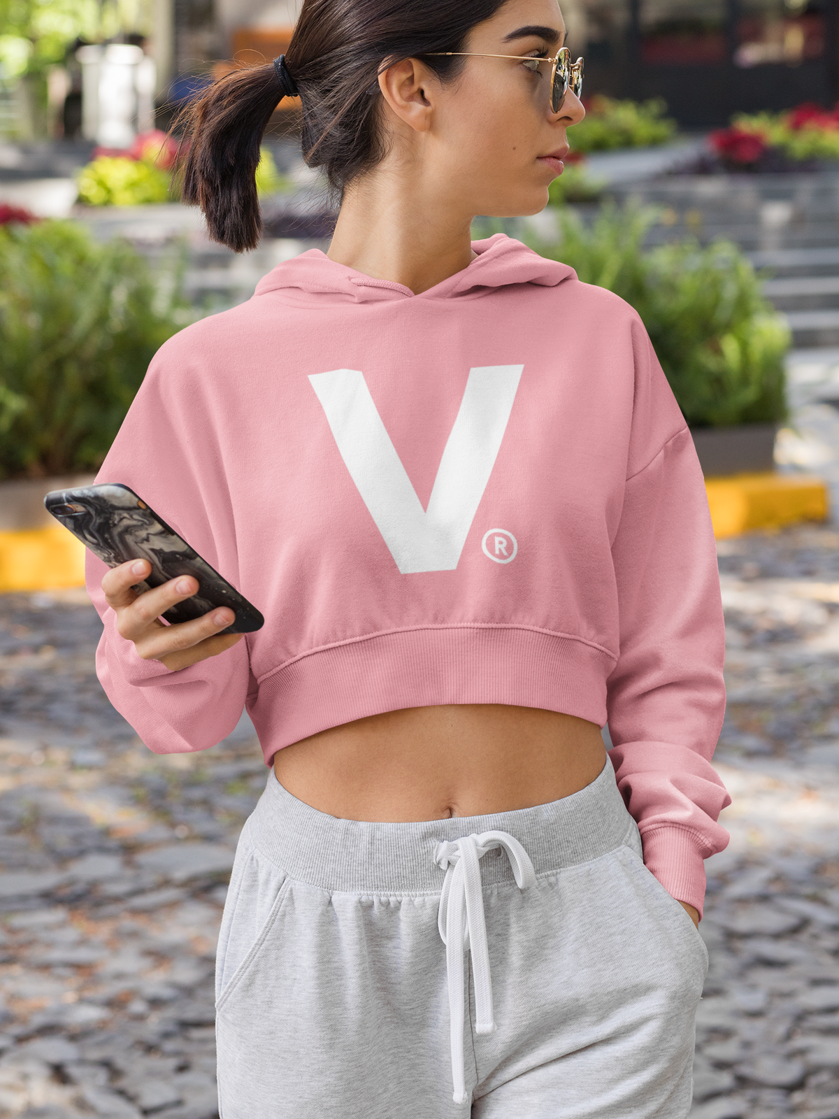 Logo Ladies&#39; Cropped Oversize Hooded Sweatshirt Pink